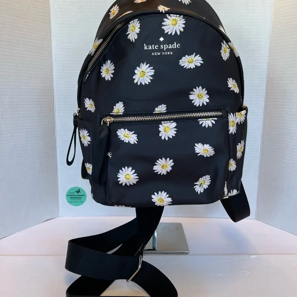 Kate Spade Navy and Black Patterned Backpack KATE SPADE Black Nylon Floral DAWN PAPER ROSE MEDIUM  main image 3